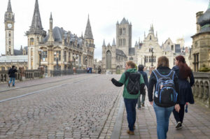 3+ CSU students walking around a square in Europe