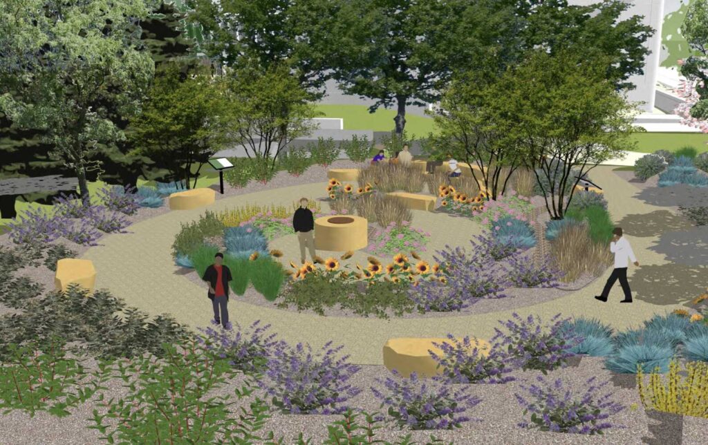 Animated people walk around a garden