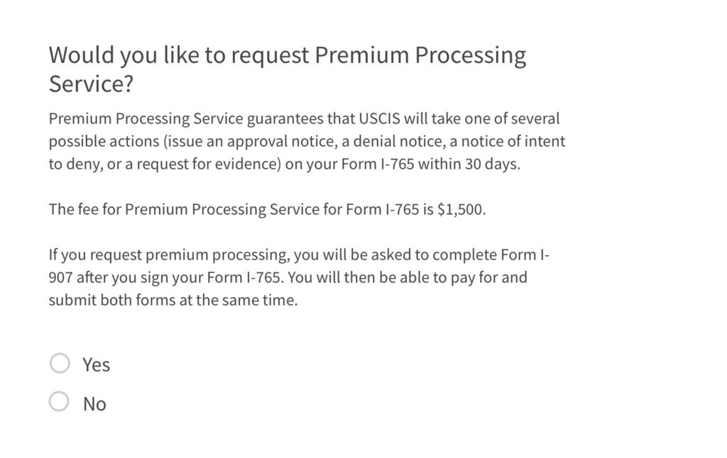 Screenshot of a yes or no request for premium processing. 