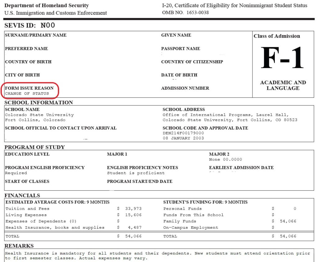 A sample image of a change of status I-20 with form issue reason circled in red