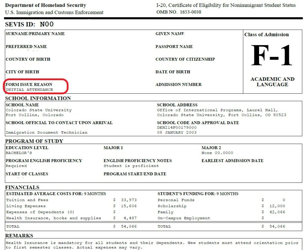 A sample image of a travel and re-entry initial attendance I-20.