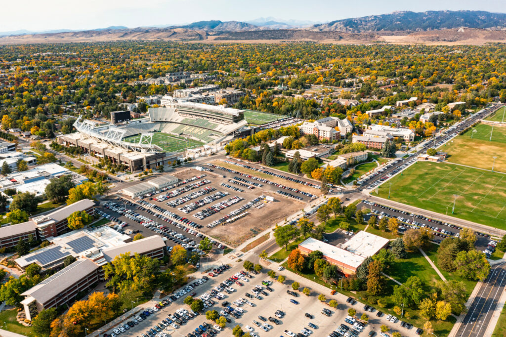 Aerial view of the Colorado State University campus in the Fall
