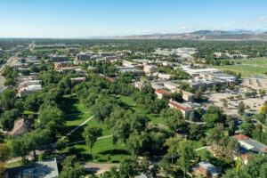 Aerial view of CSU campus and mountains
