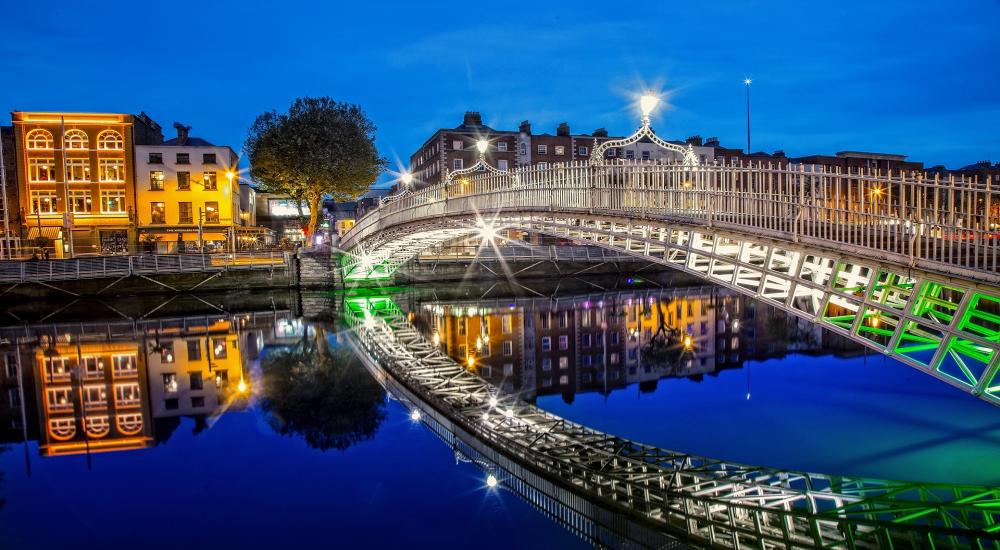 A bridge in Dublin, Ireland lit up in Green and White lights