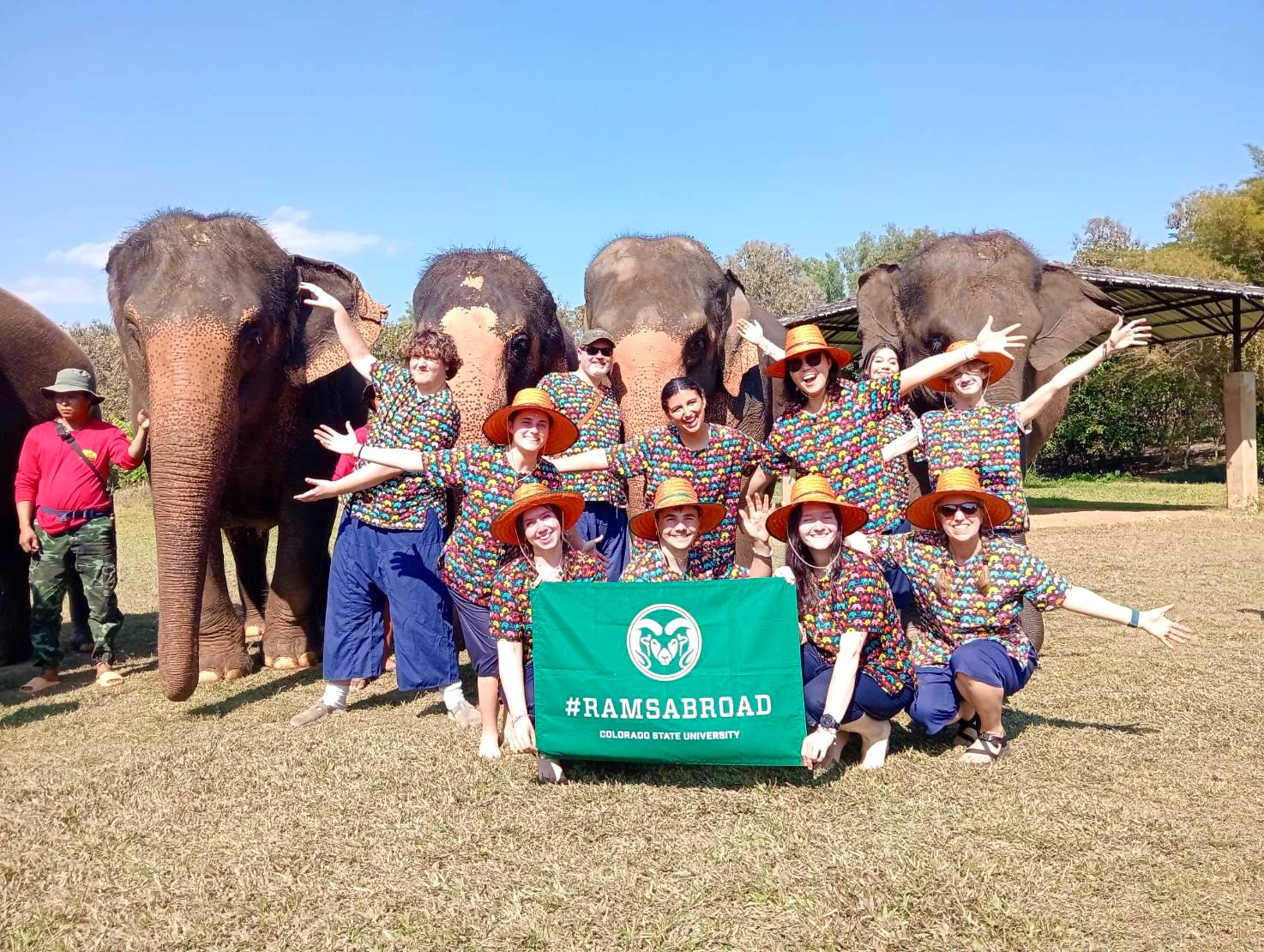 Students pose with a RamsAbroad Flag in front of Elephants
